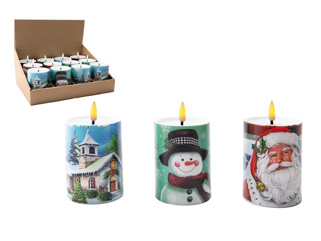 5" LED HOLIDAY PRINTED PLASTIC CANDLE (ASSTD) (12/DISP)